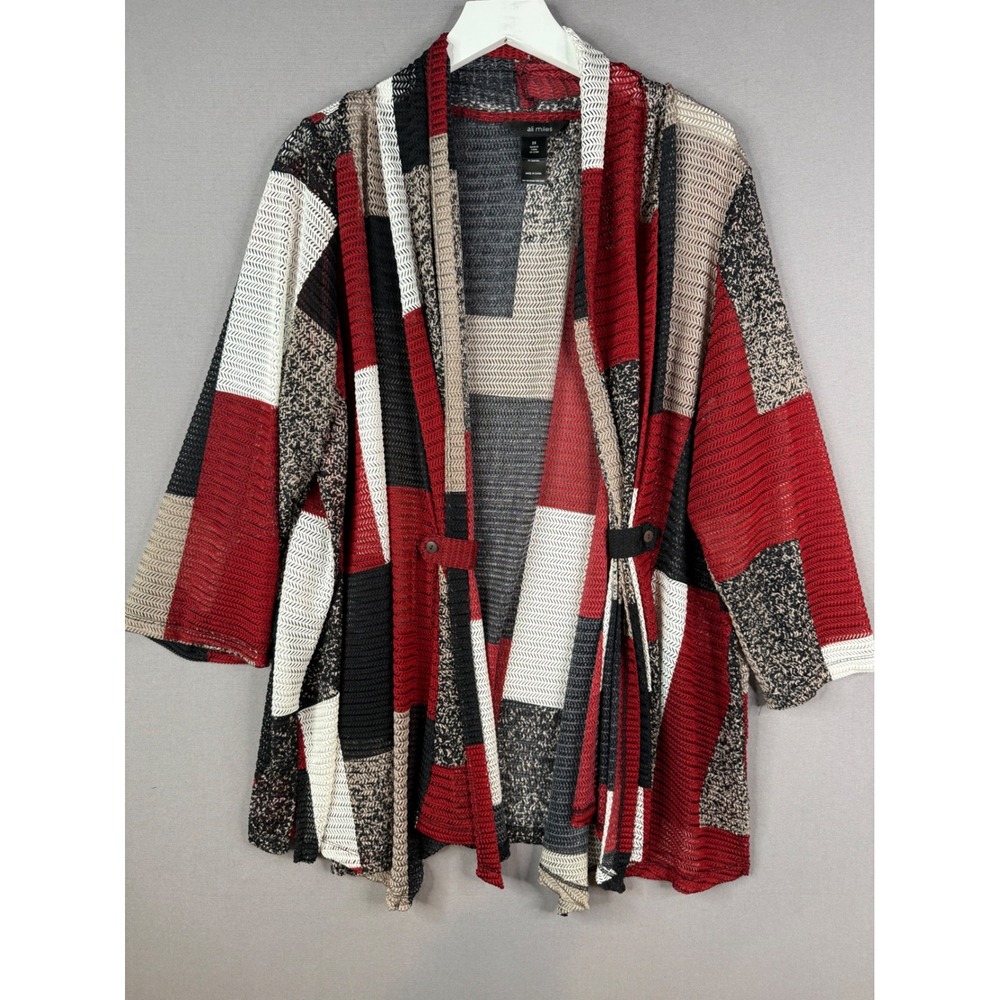 Ali Miles Cardigan Womens 2X Red Patchwork Colorblock Mesh Knit Open Front Top